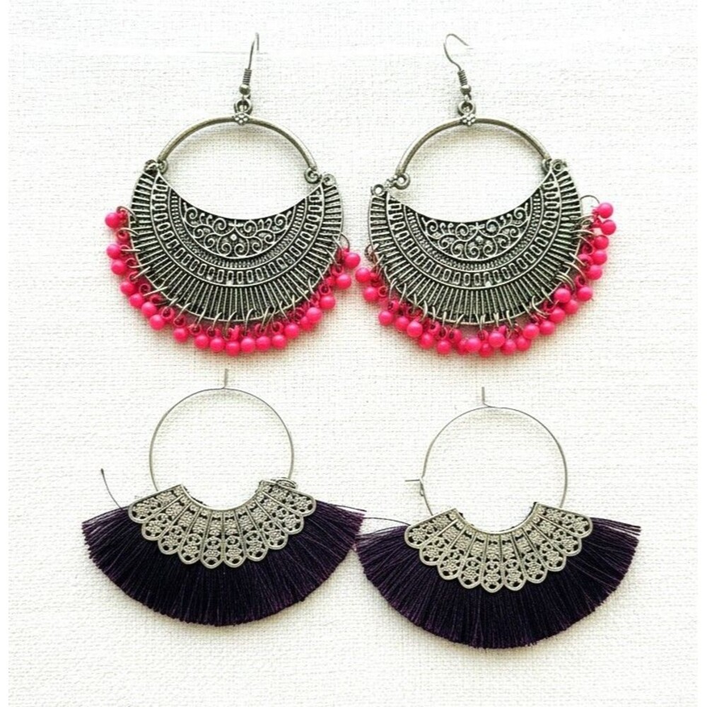 Boho Tribal Crescent Tassel Earrings Lot 2 Pink Bead Purple Fringe Drop Hoop